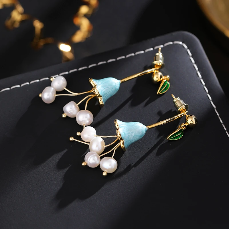 铜合金耳饰 《货号7229》双戴款气质滴釉珠珠铃兰花耳饰