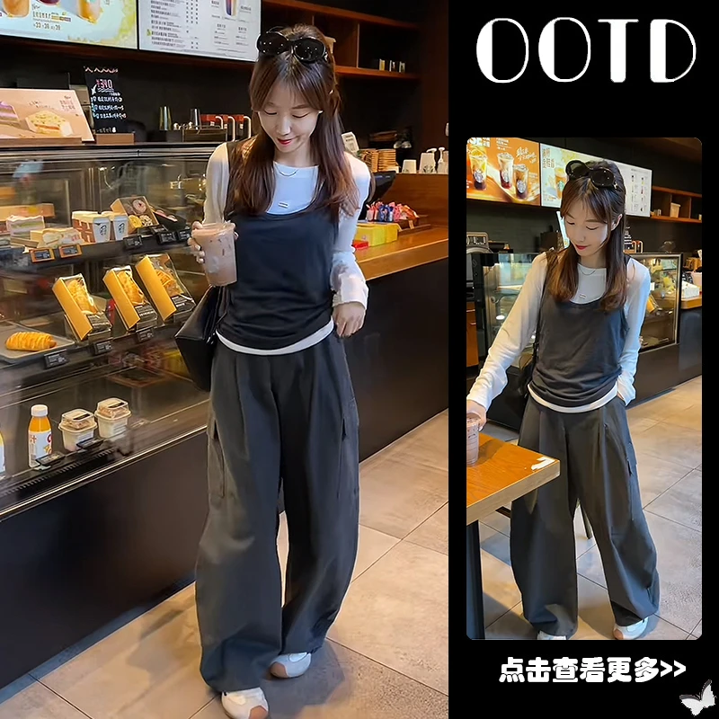 早秋穿搭一整套女2025新款韩版白色打底衫吊带背心工装裤三件套