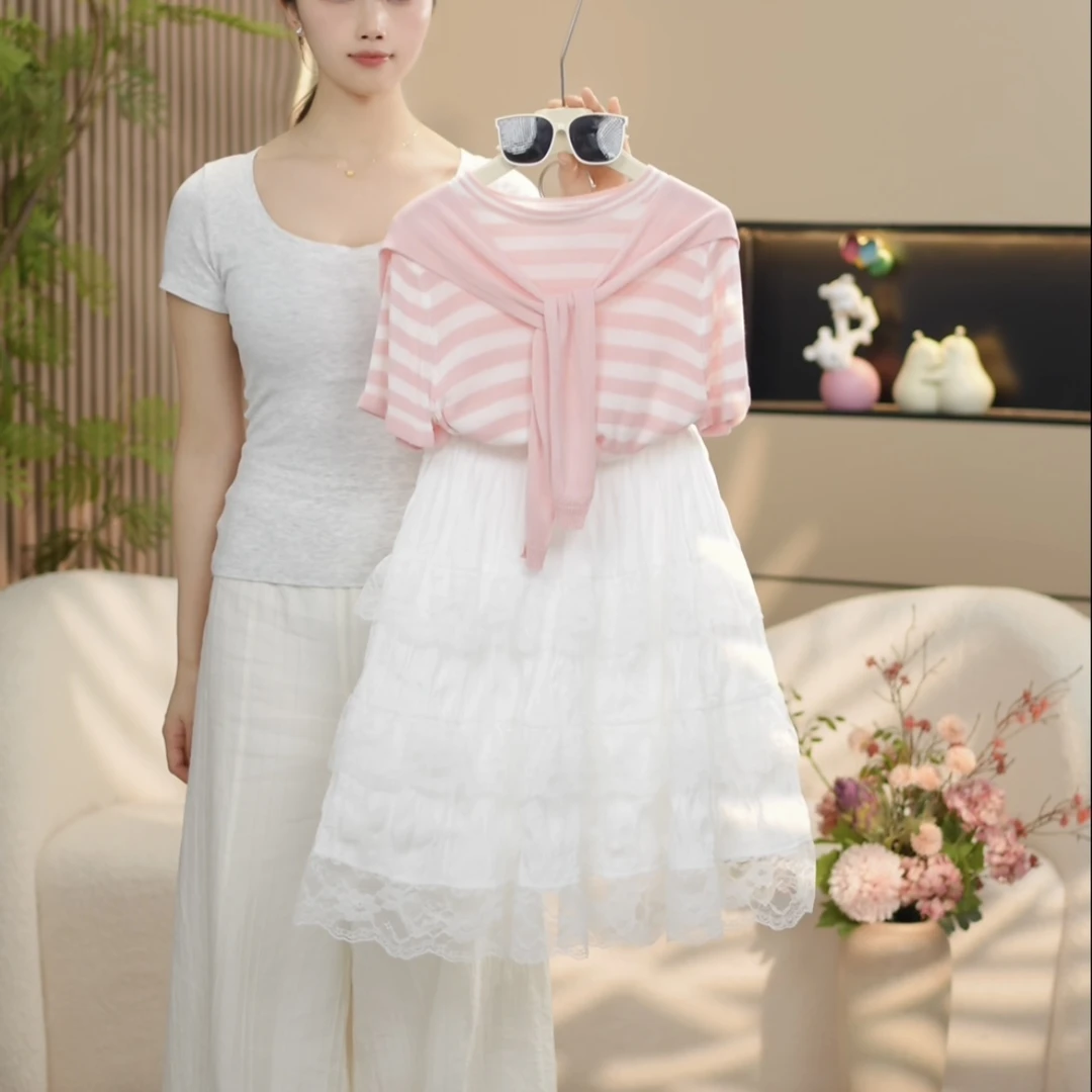 boboe/波波鹅女童夏季新款套装设条纹针织百搭上衣+裙子--Y4520