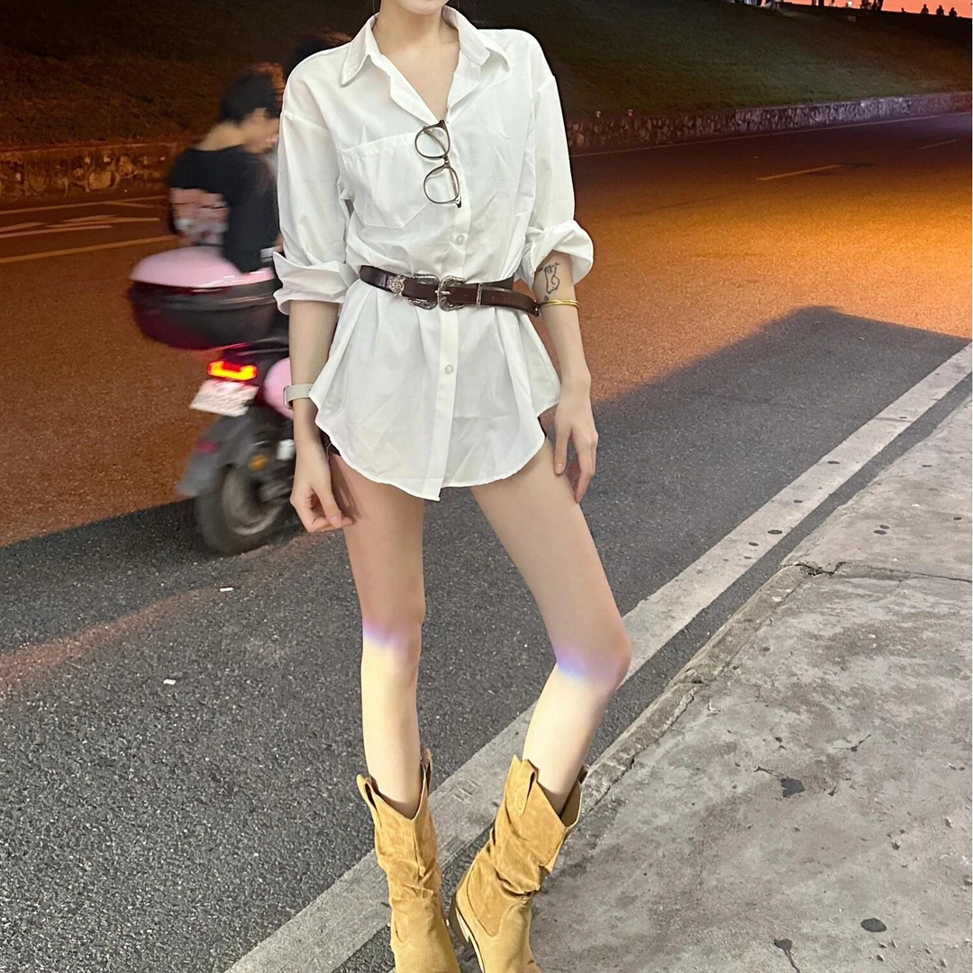 赵露思同款白色长袖衬衫连衣裙女春秋新款法式气质收腰显瘦短裙子