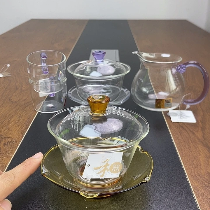 手工艺品玻璃荷叶盖碗浅黄