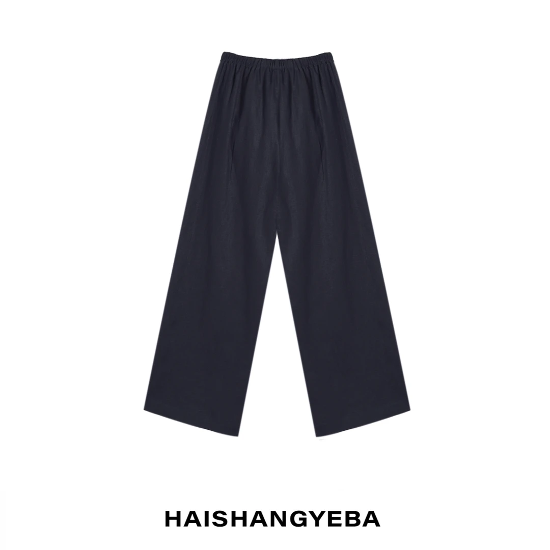 【海上叶爸】新款2025夏季百搭亚麻松紧腰宽松直筒阔腿休闲裤