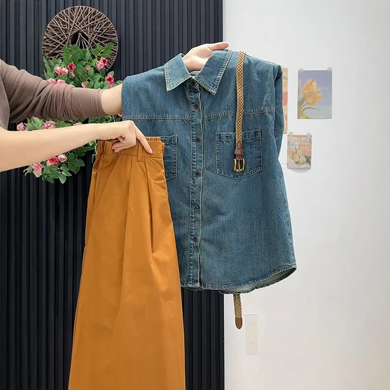 港风复古时尚短款牛仔上衣2025夏装新款复古高级感翻领无袖马甲女