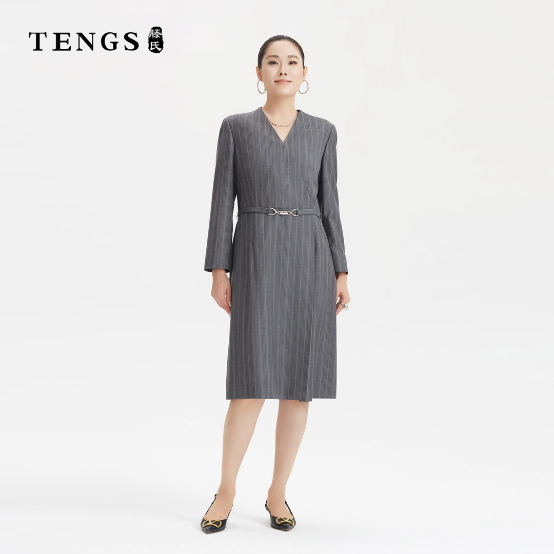 TENGS滕氏女装春秋款优雅气质简约条纹职场通勤连衣裙