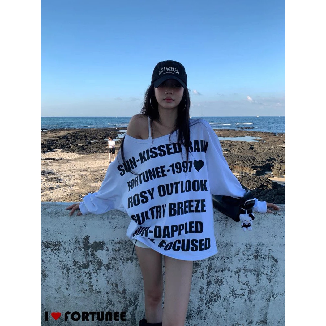 美式辣妹斜肩卫衣女秋季新款字母印花宽松休闲露肩慵懒风百搭上衣