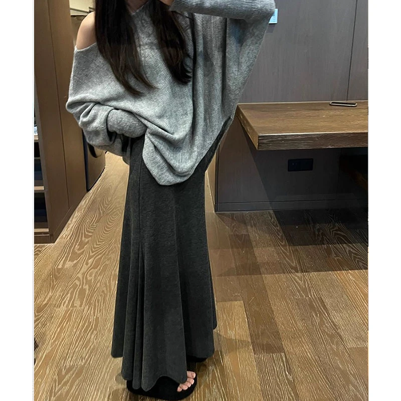 慵懒松弛感软糯深灰色半身裙女夏秋季新款高腰垂感休闲a字长裙子