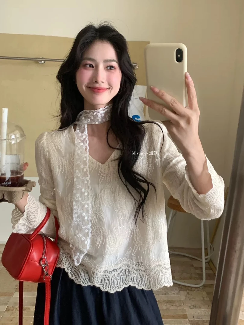 春之旋律～ V领飘带蕾丝 女2025春季新款韩版时尚宽松显瘦上衣