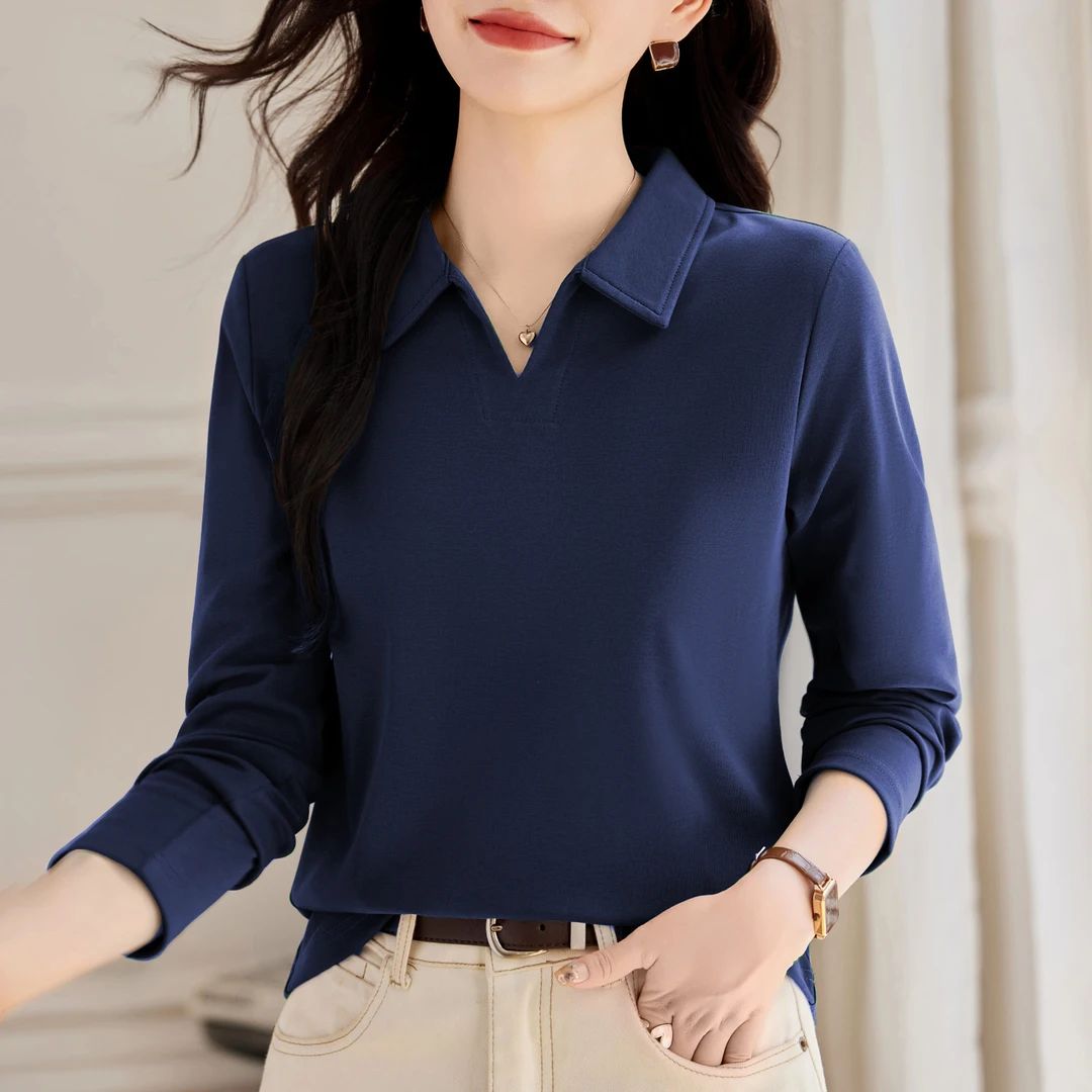 长袖t恤女士打底衫春秋款2025新款早秋polo减龄女装翻领正肩上衣