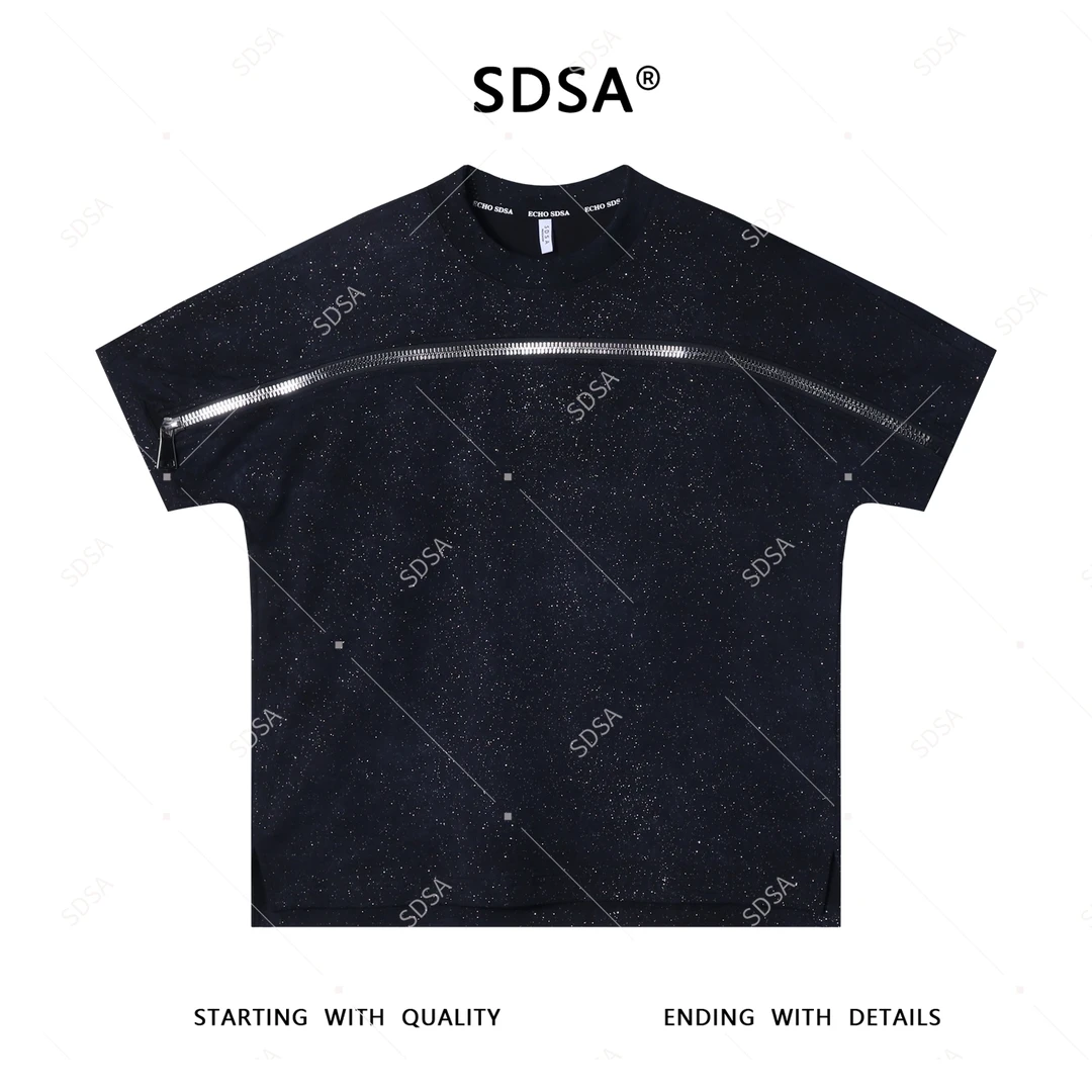 T3839高级感新款男士韩系满天星拉链装饰短袖T恤时尚百搭圆领上衣