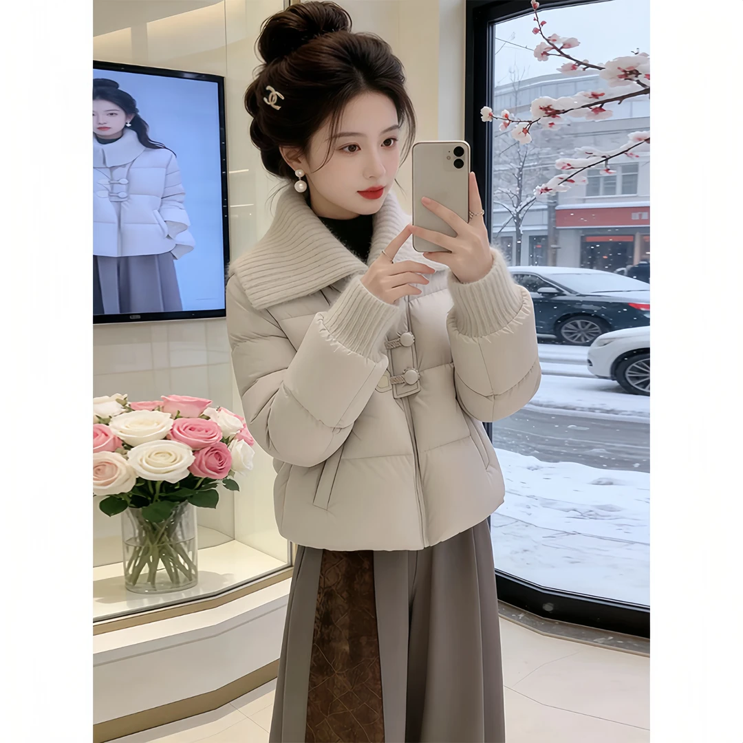 南北行【首尔记忆】针织拼接翻领棉服女冬高级感减龄设计感外套