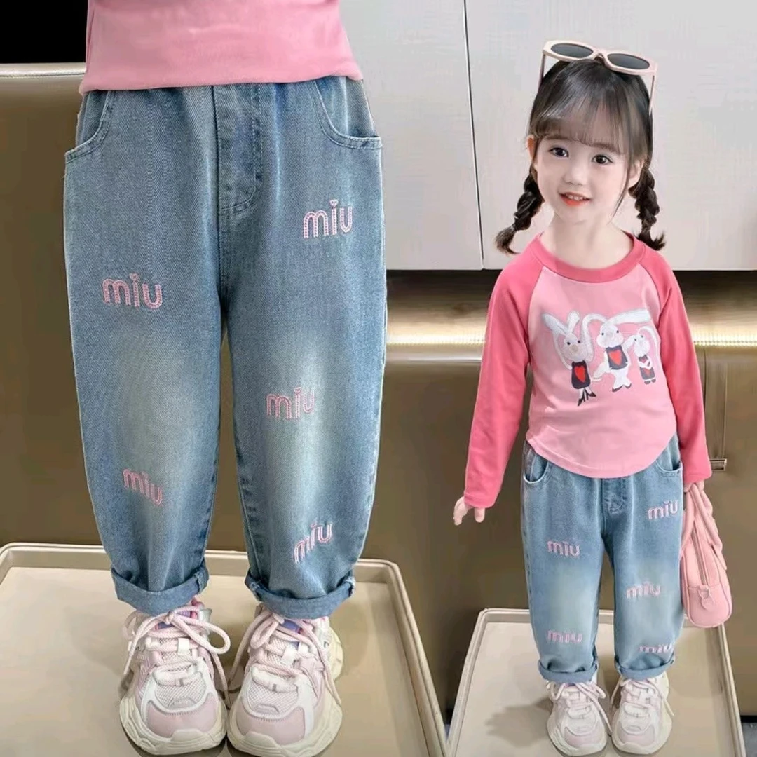 儿童牛仔裤女童老爹裤春秋新款宝宝中大童宽松外穿女孩直筒长裤子