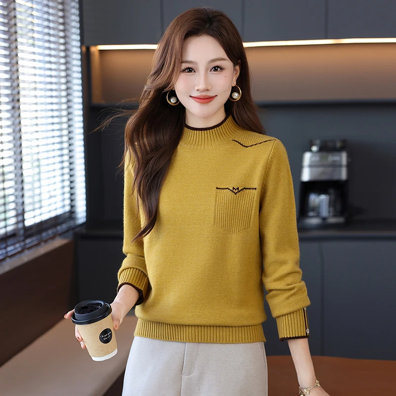 针织毛针织衫秋季女拼接高领秋冬毛衣打底衫毛衣洋气长袖时尚百搭