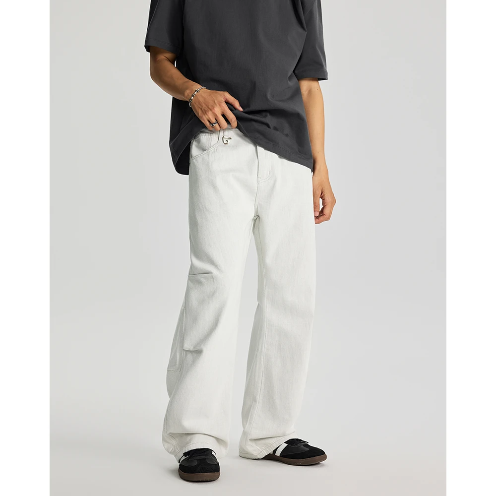 Kuvine夏季新款高级极简莱赛尔双褶皱款白色潮流宽松直筒牛仔裤男