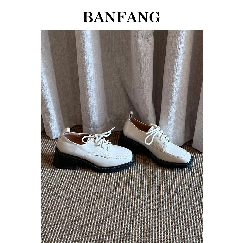 BANFANG5.5CM米白漆皮厚底松糕鞋系带方头复古小皮鞋辣妹增高鞋