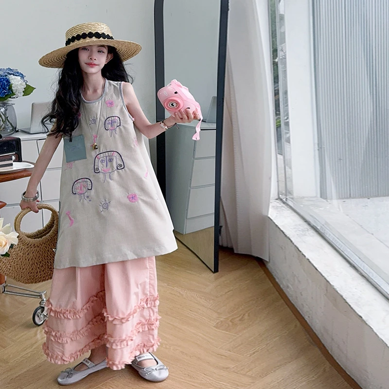 女童夏季穿搭无袖背心裙套装女大童夏装宽松阔腿裤连衣裙两件套潮