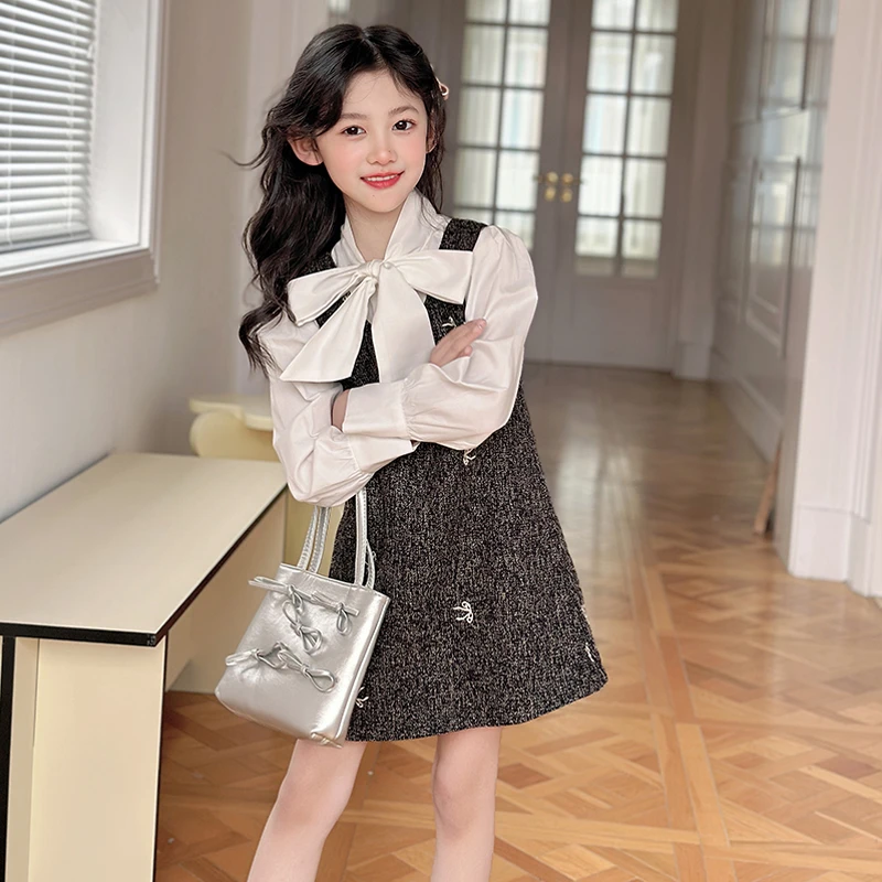 女童春秋款连衣裙套装2025秋装新款女大童法式小香风背心裙两件套