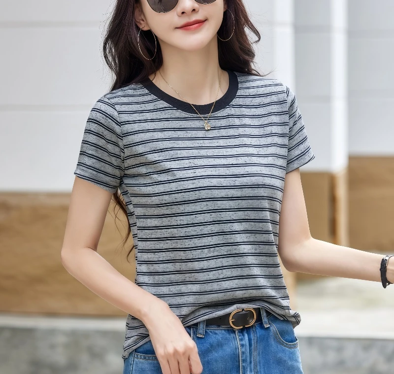 条纹短袖T恤女2025新款夏季圆领宽松显瘦百搭高级感洋气休闲上衣