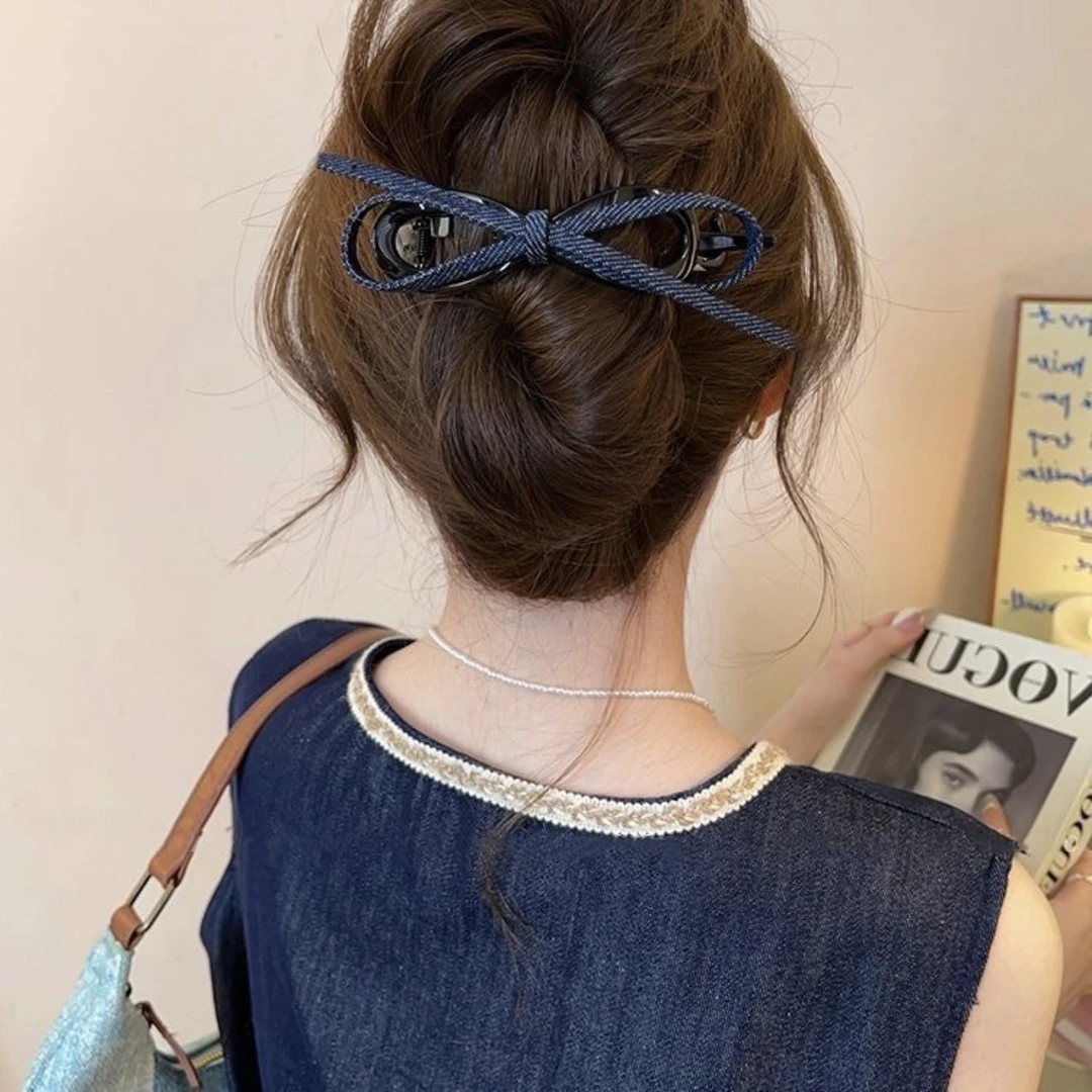 复古牛仔蝴蝶结扭扭夹女高级感2025新款一字抓夹后脑勺盘发夹发饰