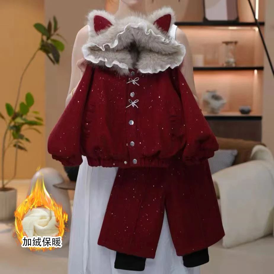 女童2025冬季小女孩韩版时髦洋气儿童呢子连帽加绒外套长裤套装