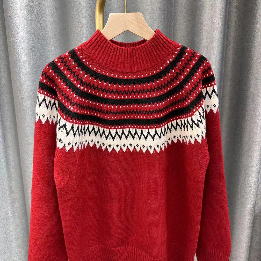 半高领2025费尔岛花纹新款宽松百搭气质针织毛衣套头打底衫