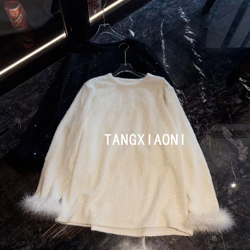 【黑白闪闪】  毛毛袖 两色上衣