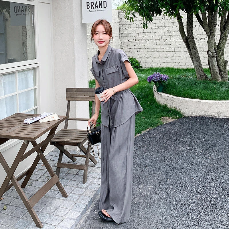 时尚高级灰显瘦套装女2025年夏季新款气质短袖上衣休闲裤子两件套