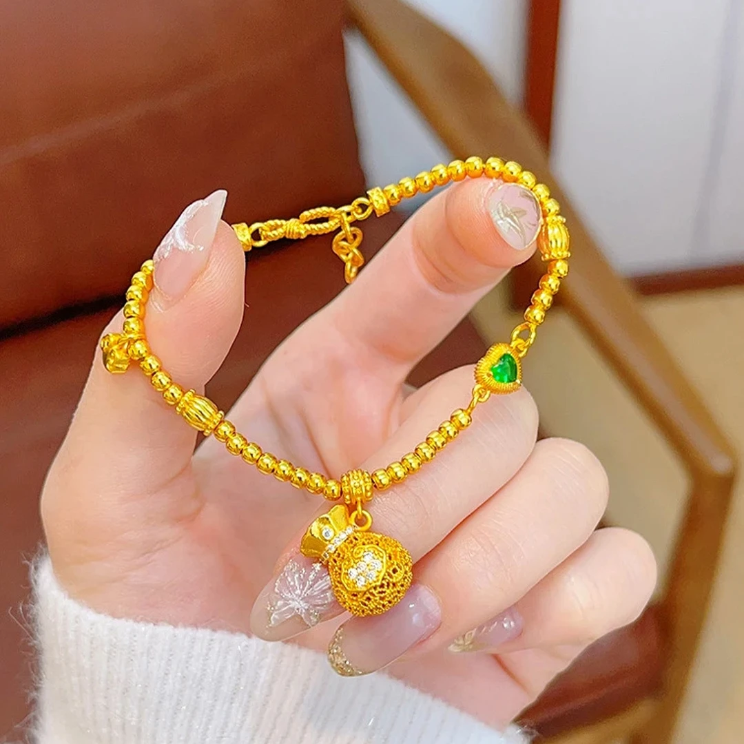 铜合金锆石手链 古法沙金色镶嵌锆石镂空花丝如意福袋珠珠手链