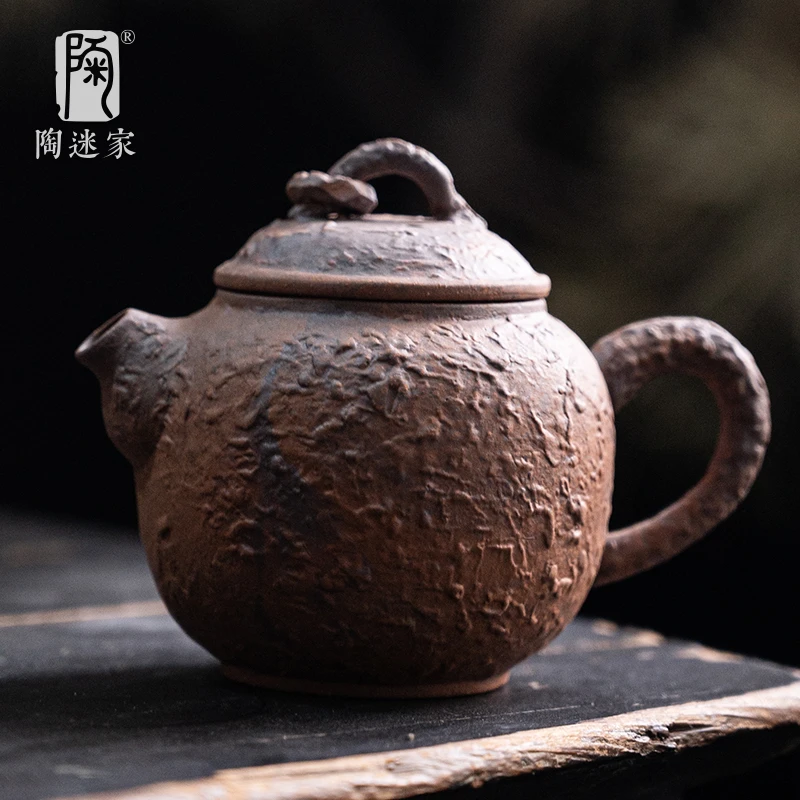 陶迷粗陶茶壶小容量单壶老岩泥复古茶具家用可养壶原矿浮纹单壶