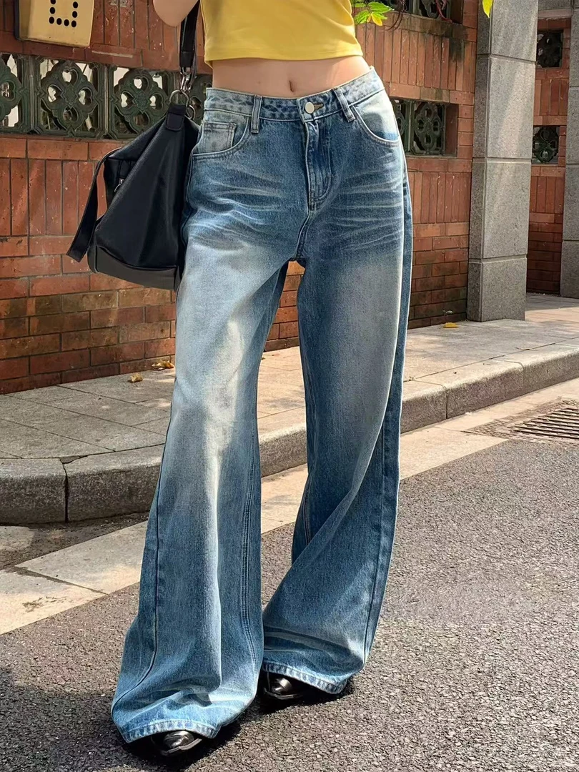 【玻】折痕复古做旧水洗牛仔裤女宽松显瘦直筒裤拖地裤长裤子