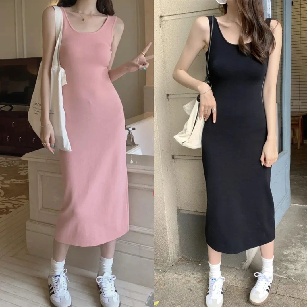 高档气质粉色吊带夏季针织长款连衣裙女无袖U型领设计谁穿谁好看