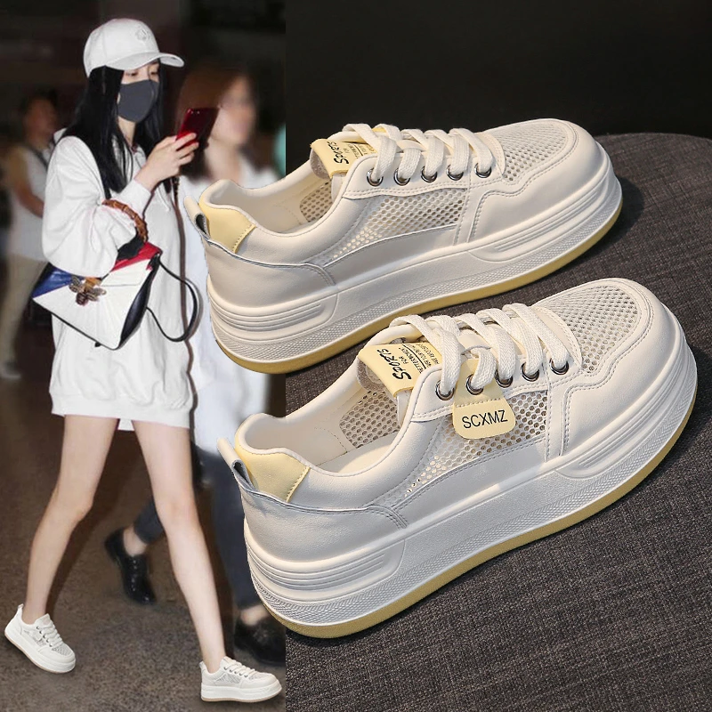 厚底网面透气小白鞋女2025新款夏季爆款百搭圆头系带运动休闲板鞋