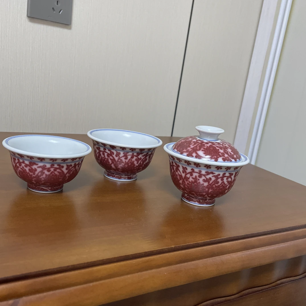 瓷华堂景德镇原矿釉里红全红盖碗陶瓷纯手工手绘缠枝