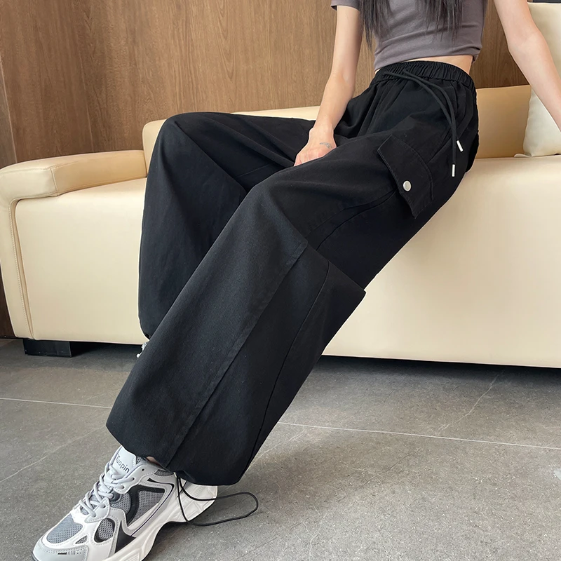 工装阔腿裤女2025春秋季新款高腰宽松显瘦松紧腰束脚运动登山裤子