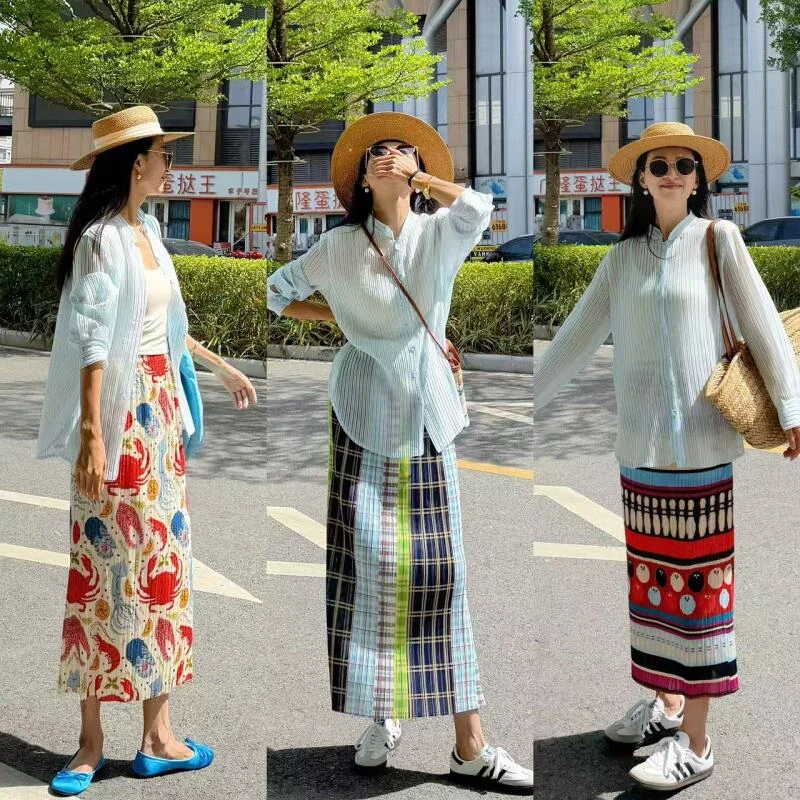 （韩女士穿搭）春夏新款休闲百搭长袖褶皱开衫衬衣加印花半裙时尚