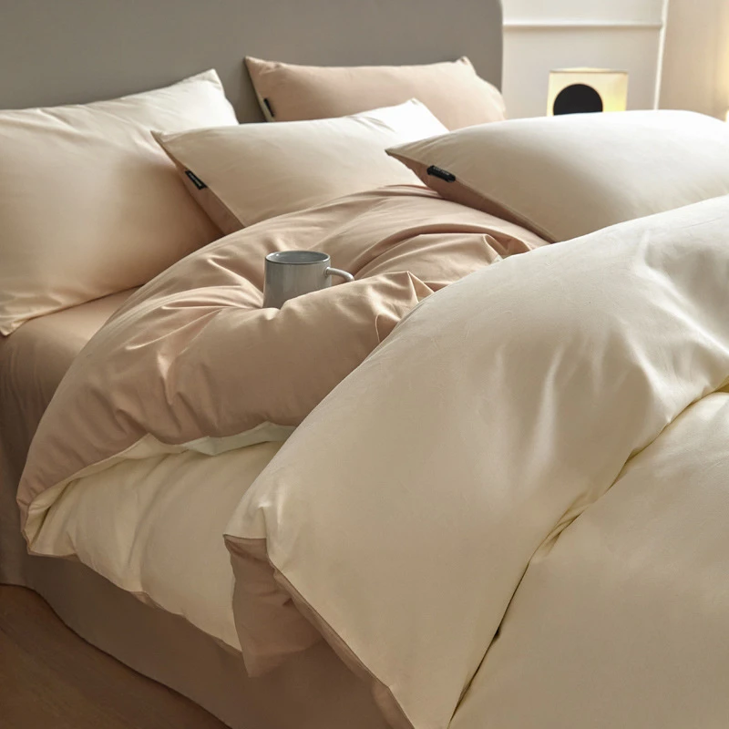 床上纯棉四件套简约被套罩床单人宿舍三件套床笠床品套件纯色双面