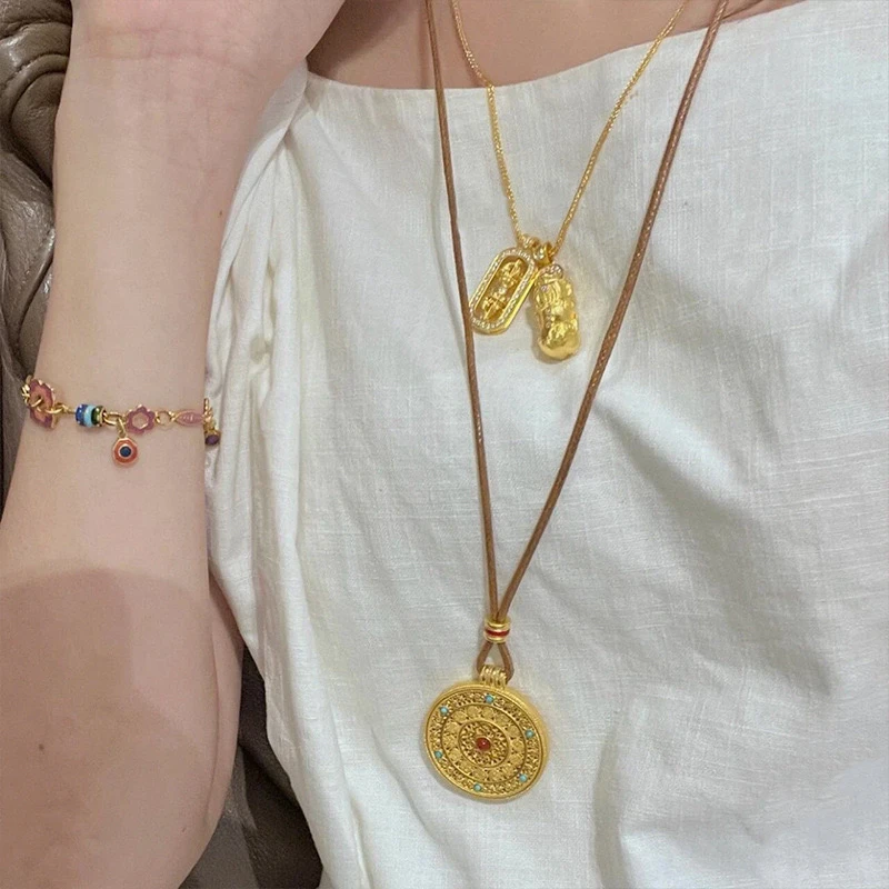 铜合金项链 韦雪同款珐琅彩花丝吉祥八宝罗盘吊坠新中式潮风项链