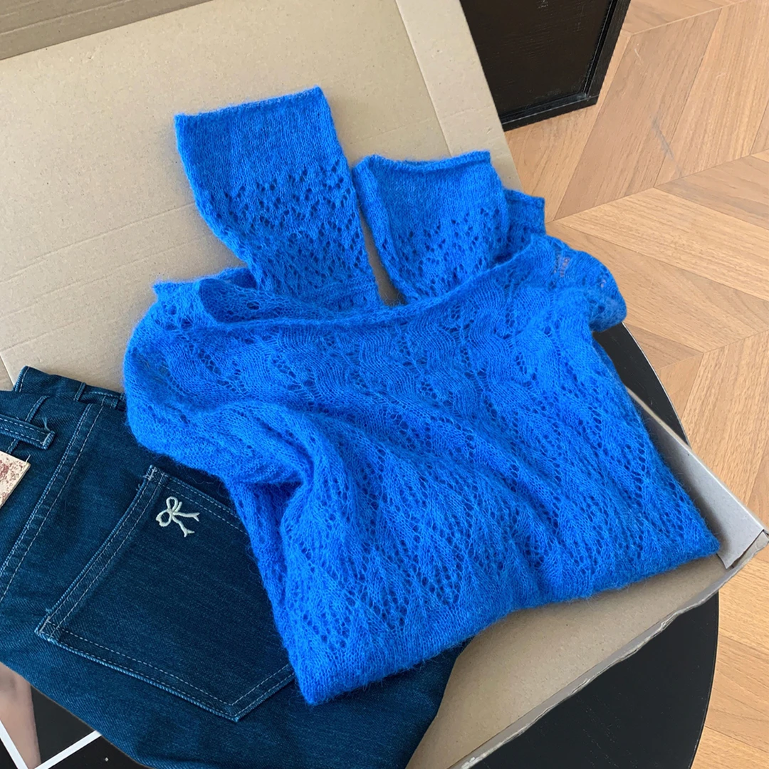 法式气质镂空针织衫女2025新款慵懒风宽松显瘦高级感蓝色圆领上衣