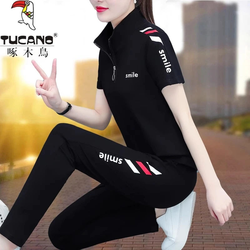 啄木鸟纯棉运动套装女夏季2025新款夏装时尚翻领立领休闲服两件套