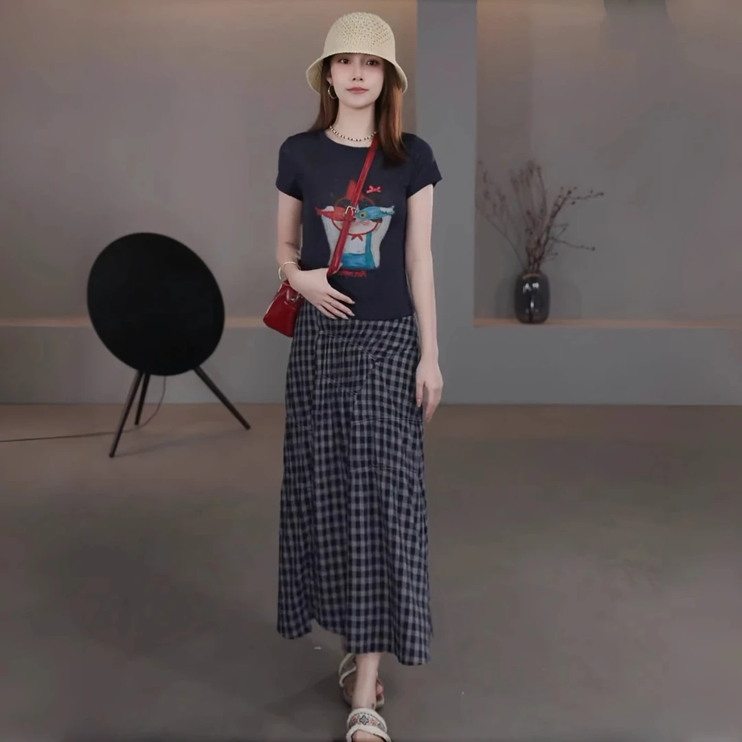2025新款夏装一整套韩系时尚印花短袖T恤不规则格子半身裙两件套