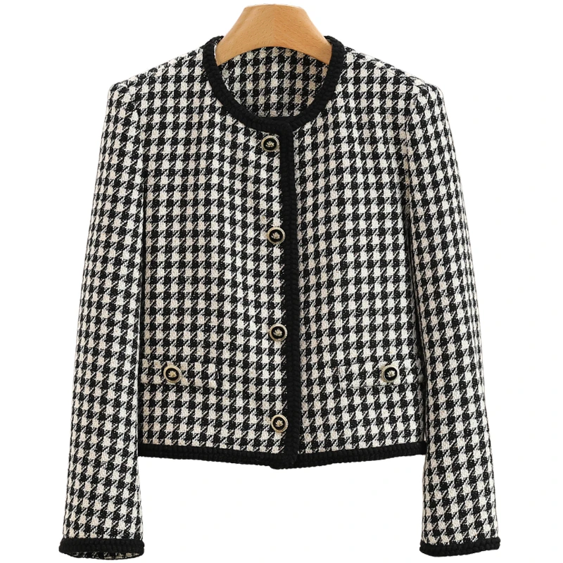 F6050-【衣香】千鸟格假口袋修身圆领气质短款毛呢外套女#WYL58W054