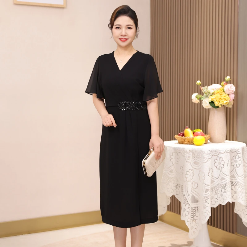 2025夏季新款中年妈妈装雪纺连衣裙加肥加大遮肚洋气纯色高贵裙子