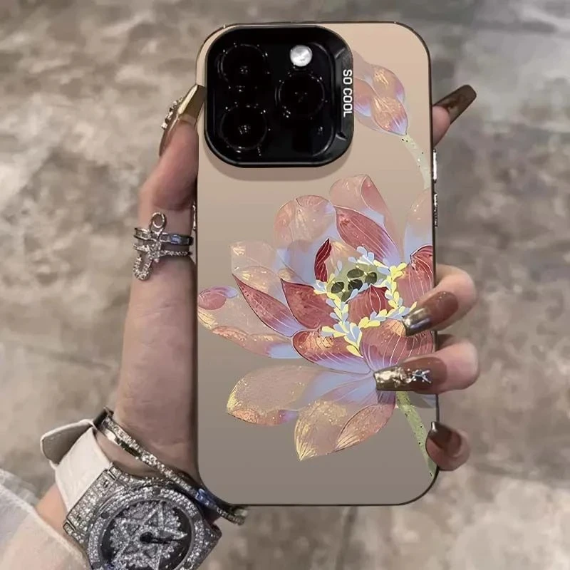 金粉莲花款磨砂彩银适用苹果16promax华为OPPOVIVO小米15手机壳