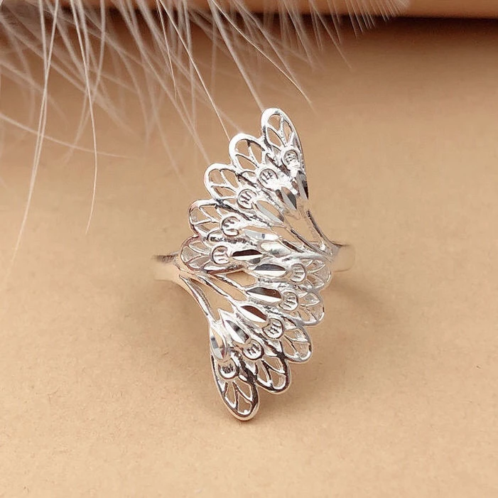 足银戒指 足银手工凤舞九天羽毛戒指