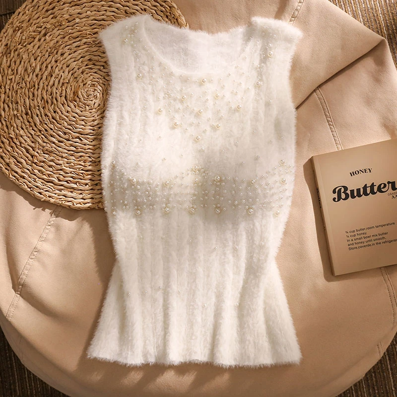 秋冬法式韩版轻奢重工钉珠针织白色吊带女无袖修身显瘦高级感内搭