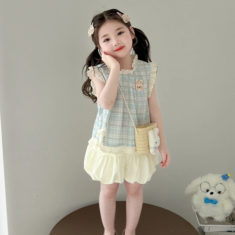 2025年夏季新款女童套装可爱法式蕾丝花边格子小兔花苞裤两件套潮