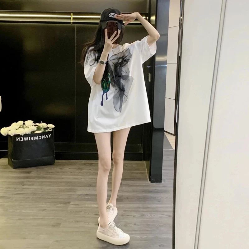美式减龄洋气白色短袖t恤女设计感小众蝴蝶印花网纱中长款上衣ins