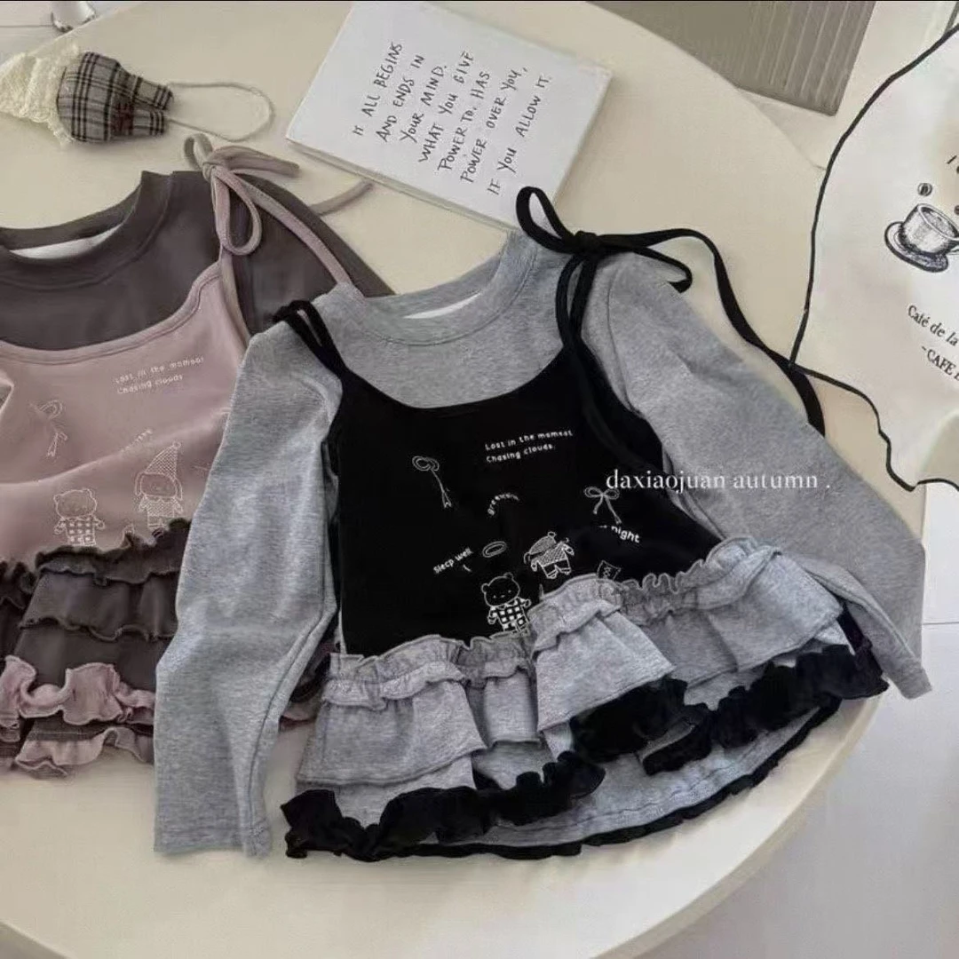 女童秋季长袖T恤韩系童装2025秋季假两件花边上衣女童长袖打底衫