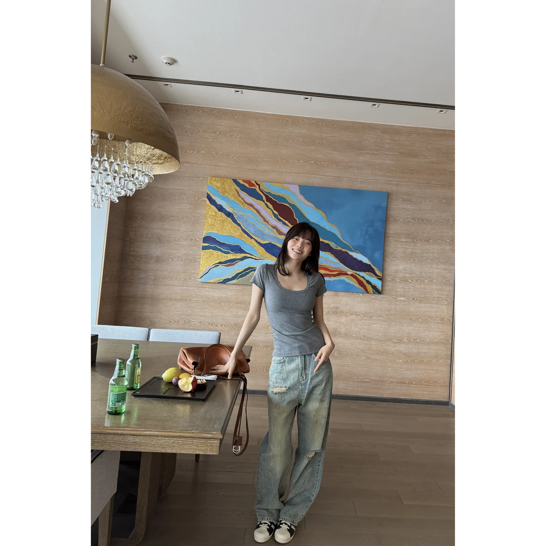 井迪儿【晕染的痕迹】90%棉美式街头吊烂破洞脏色手工涂绘牛仔裤