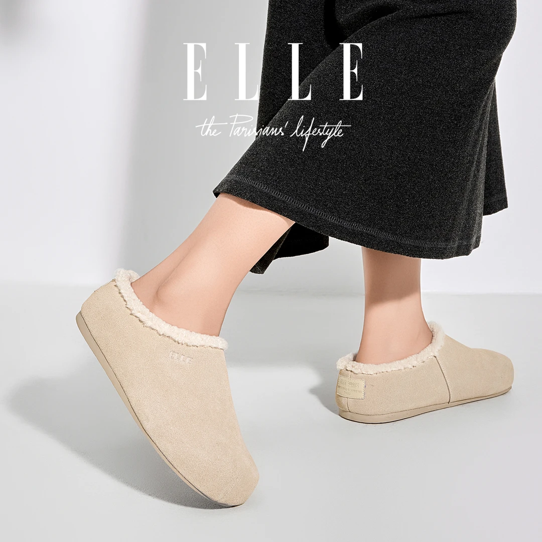 ELLE真皮大头胖头鞋面包鞋休闲全包勃肯鞋外穿羊羔毛毛鞋穆勒鞋女