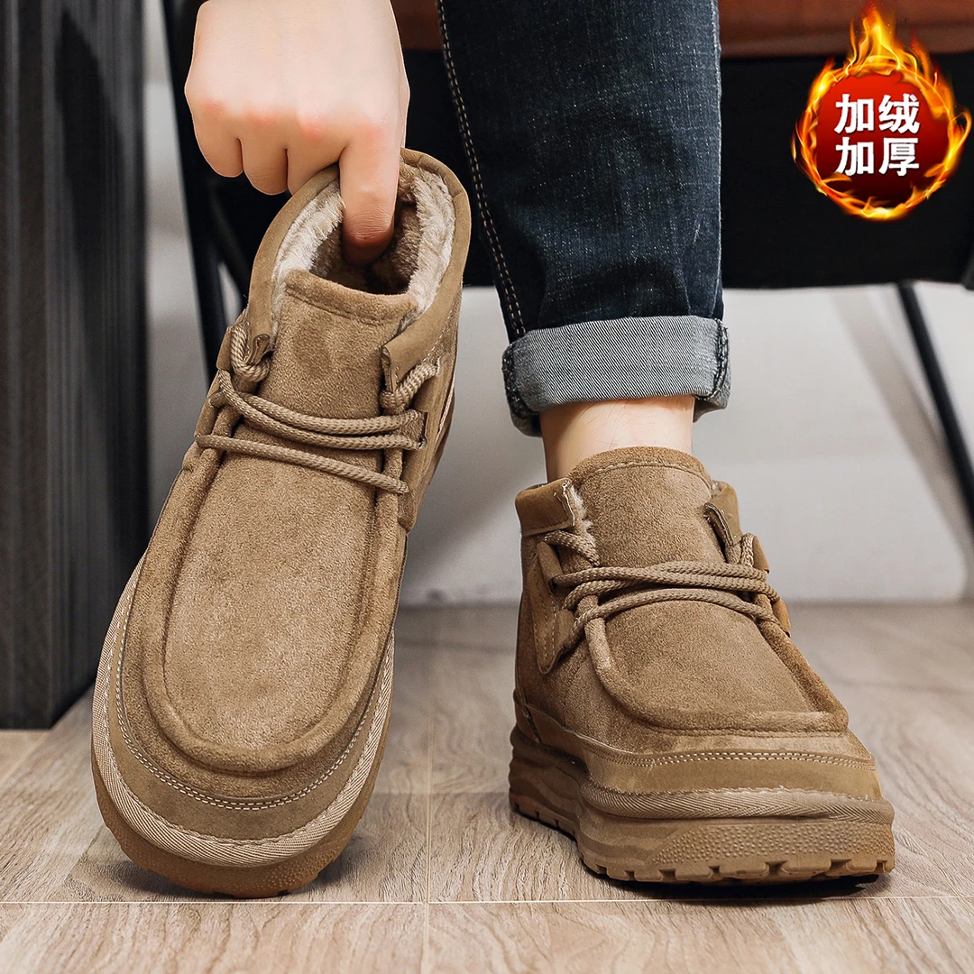 男士系带保暖雪地靴休闲风时尚雪地靴工装鞋高帮棕色时尚棉鞋男
